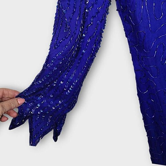 VTG Denise Elle Formal Gown‎ Sz Medium Blue Silk Beaded 80s Maxi Mermaid Glam - Picture 16 of 16